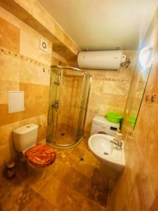 a bathroom with a shower and a toilet and a sink at DIAMOND APARTMENT №1 - RELAX HOLIDAY VIEWS SEA AND POOL in Burgas City