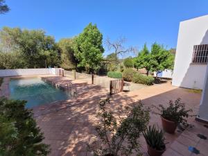 een zwembad in een tuin met bomen bij Casa Aldea de la Corte 
