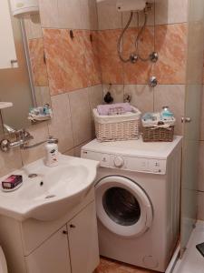 uma casa de banho com uma máquina de lavar roupa e um lavatório em Stan na dan Novi Grad em Bosanski Novi