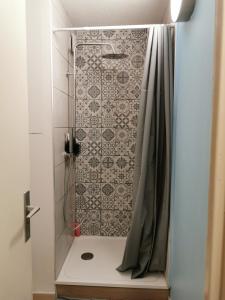 een douche in een badkamer met een douchegordijn bij Superbe appartement Cap d'Agde in Cap d'Agde