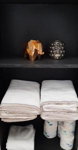 twee planken met handdoeken in een kast bij Au pousseux d'église 