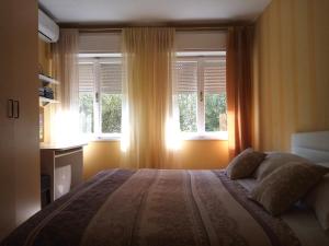 a bedroom with a large bed and two windows at Apartment Puhov Zadar in Zadar