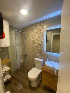 y baño con aseo, lavabo y ducha. en Apartment N & N, en Struga