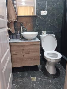 a bathroom with a white toilet and a sink at Mary's Cozy & Lovely studio on very quiet Khosharauli street in Tbilisi City