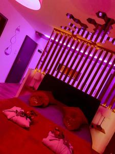 Superbe appartement Colmar avec vue et Jacuzzi في كولمار: غرفة نوم مع سرير مع إضاءة حمراء وأرجوانية