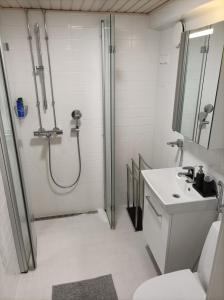 a bathroom with a shower and a toilet and a sink at Ihan Puotilan Metron lähellä in Helsinki