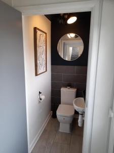 a bathroom with a toilet and a mirror at 93 Newtown Road in Great Malvern