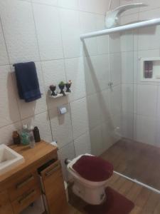 y baño con ducha, aseo y lavamanos. en Casa privada com piscina, en Caraguatatuba