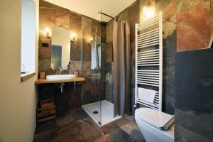 y baño con ducha, aseo y lavamanos. en Room Art&deco en Bled