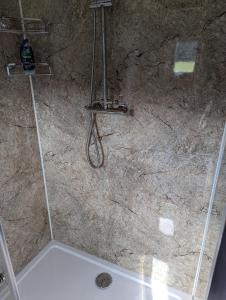 a shower in a bathroom with a stone wall at Red darren luxury hut in Llanveynoe +10 photos