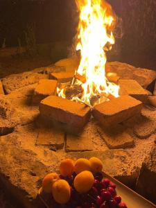 een vuurplaats met kaas en fruit ervoor bij Unoyan Guest House in Gjoemri