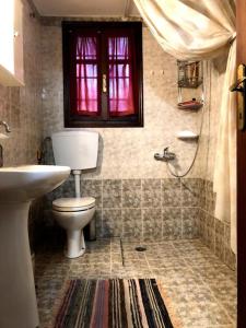 a bathroom with a toilet and a sink and a window at Aphrodite 's cottage in Milopotamos