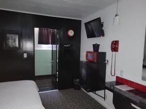 a bedroom with a bed and a shower and a phone at Rocket Motel in Custer
