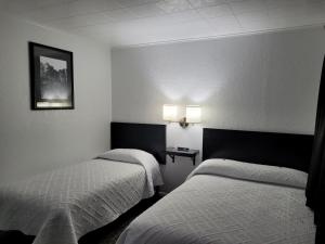 a hotel room with two beds and a side table at Rocket Motel in Custer