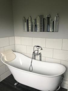 a bath tub in a bathroom with a shelf of books at Roselea in Glasbury