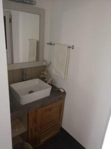 een badkamer met een witte wastafel en een spiegel bij Villa Karel Mauritius Beach house in Riambel