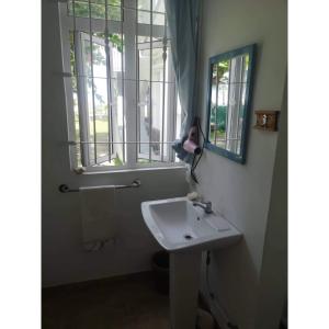 a bathroom with a sink and a window at Villa Karel Mauritius Beach house in Riambel