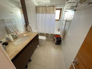 a bathroom with a sink and a toilet and a shower at Departamento Valle Nevado, Ski in - Ski out in Santiago