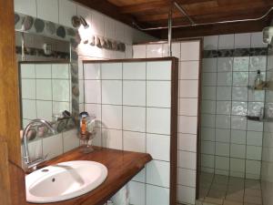 ein Bad mit einem Waschbecken und einem Spiegel in der Unterkunft VILLA O VAI in Teahupoo