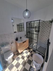 La salle de bains est pourvue de toilettes, d'un lavabo et d'un miroir. dans l'établissement CASA VERA, à Vejer de la Frontera