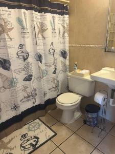 a bathroom with a shower curtain with a toilet and a sink at Life Is Good in Fajardo