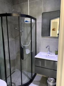 een badkamer met een douche en een wastafel bij Casa di Caribe - Deluxe beach house in Willemstad