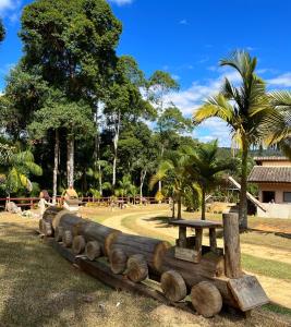 una mesa de picnic y troncos en un parque en Pousada Vista Pedra Azul, en Pedra Azul