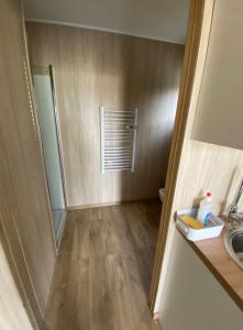 a bathroom with a shower and a sink and a mirror at Duplex atypique en bois entre ville et verdures in La Chapelle-Saint-Mesmin