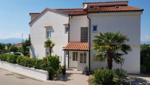 a white house with a palm tree in front of it at Apartments by the sea Njivice, Krk - 5296 in Njivice