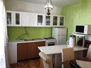a small kitchen with green walls and white cabinets at Apartments and rooms with parking space Punat, Krk - 5363 in Punat