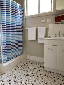 a bathroom with a shower and a sink at Lorsens on the River - Shoalhaven Heads in Shoalhaven Heads