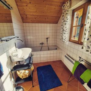 a bathroom with a sink and a bath tub at Marhütte in Ebene Reichenau