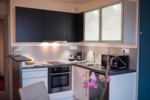 una cocina con electrodomésticos blancos y armarios negros en Le Manoir Domaine de la Motte, en Saint-Dyé-sur-Loire