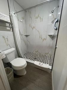 a bathroom with a shower and a toilet in it at Super 8 by Wyndham McAllen-Downtown-Airport-LA Plaza Mall in McAllen