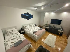 1 dormitorio con 2 camas y TV de pantalla plana en Apartman Bonaca, en Niš