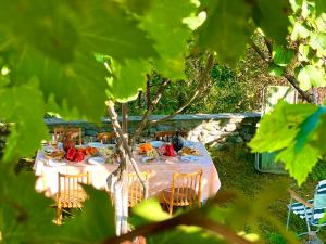 stół z krzesłami i jedzenie na górze w obiekcie Home Inn-Guesthouse w mieście Lagodekhi