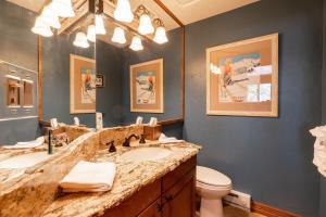 a bathroom with a sink and a toilet and a mirror at Strawberry Park Ski-in Ski-Out Condo Close to Chairlift in Beaver Creek