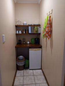 uma pequena cozinha com um pequeno frigorífico num quarto em Willow Cottage George em George