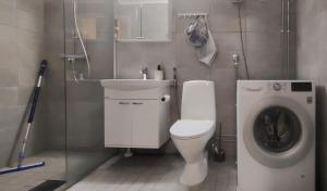a bathroom with a toilet and a sink and a washing machine at Niinivaara apartment saunallinen ja ilmastoitu majoitus in Joensuu +4 photos