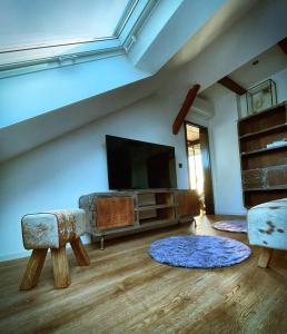 een woonkamer met een flatscreen-tv en een bank bij Studio Hundertwasser in Erfurt