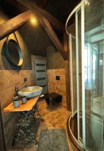 y baño con lavabo y ducha. en Studio Hundertwasser, en Erfurt