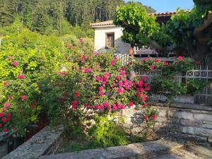 einen Garten mit rosa Blumen vor einem Haus in der Unterkunft Beautiful stone house! 