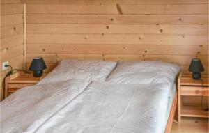 a bed in a wooden room with two lamps at Cozy Home In Grzybowo With Kitchen in Grzybowo