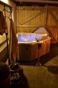 a jacuzzi tub in a room with plants at B&B Noord-Zuid in Zonhoven