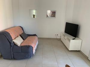 ein Wohnzimmer mit einem Sofa und einem TV in der Unterkunft L'Almanarre in Hyères