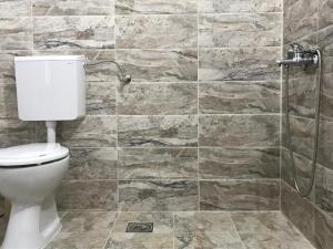 een badkamer met een toilet en een stenen muur bij Lesnovo House Tomevski in Lesnovo