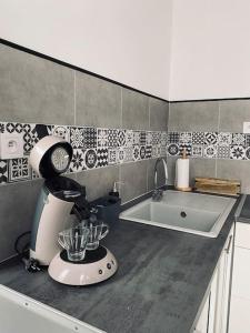 una cocina con una batidora en un mostrador junto a una bañera en Appartement Duplex La Cambu'z Le Portel Plage en Le Portel