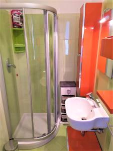 La salle de bains est pourvue d'une douche et d'un lavabo. dans l'établissement LA FAVOLA MIA, à Borgo a Buggiano