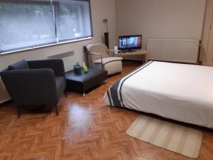 una camera con letto, sedie e TV di Studio pratique en ville a Huy