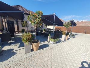 eine Terrasse mit Tischen, Sonnenschirmen und Topfbäumen in der Unterkunft Harmony apartments in Mórahalom